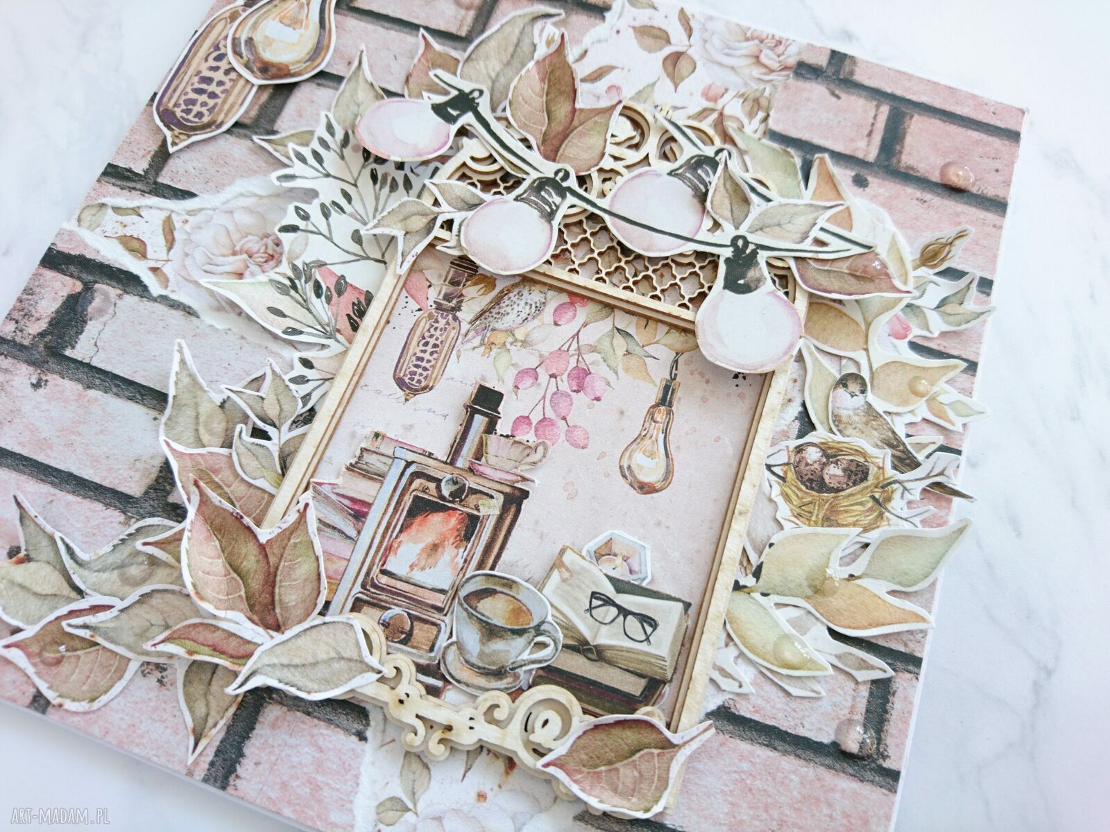 Kartka scrapbooking „Przytulny wieczór” 15x15 w białym pudełku
