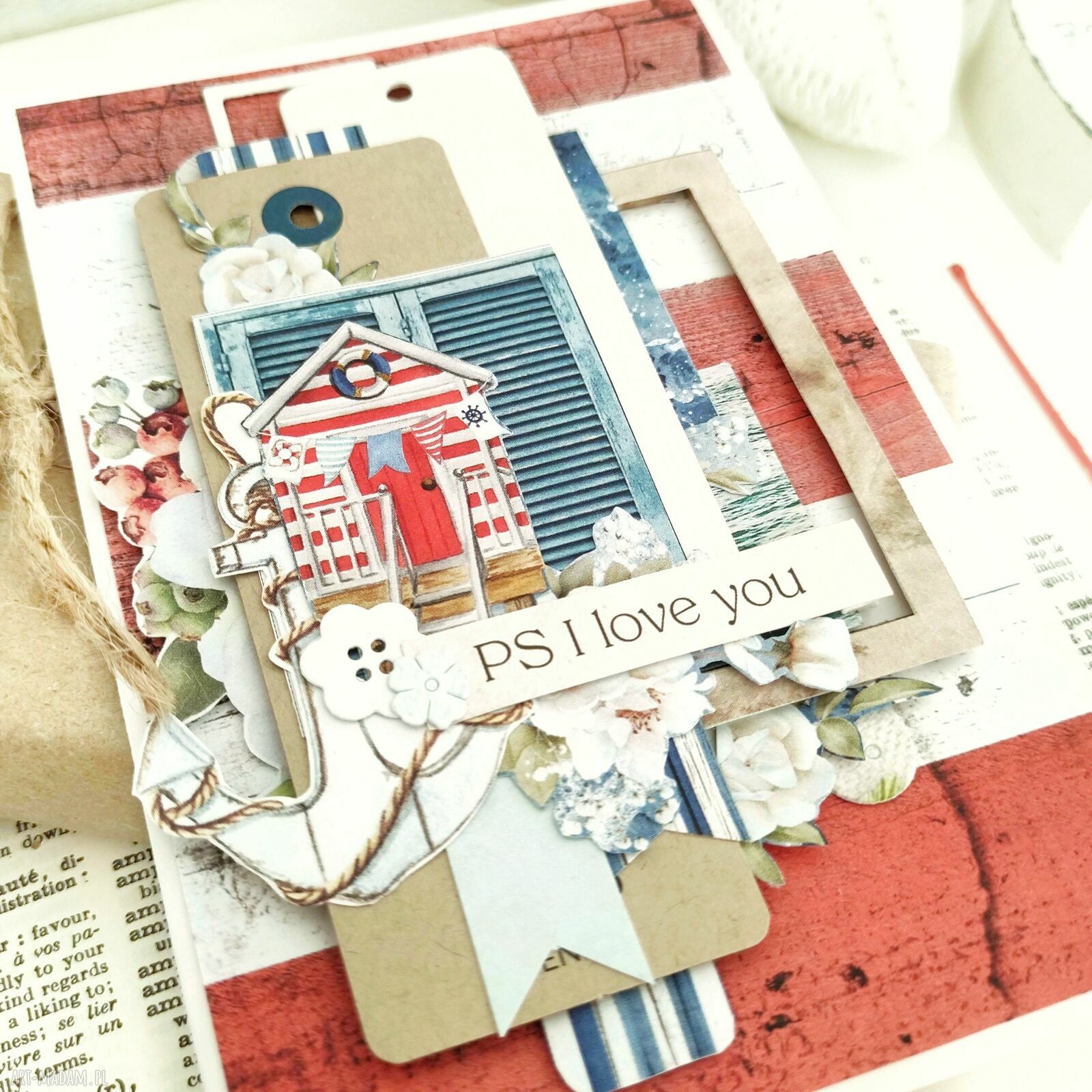 Kartka PS I love you z koronką i kwiatami - handmade