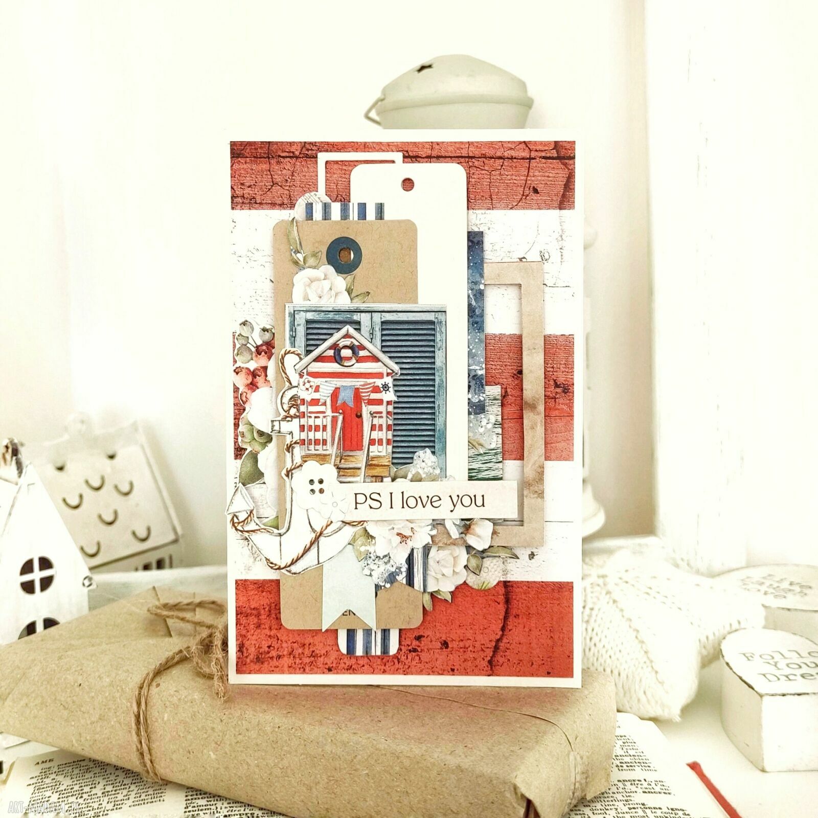 Kartka PS I love you z koronką i kwiatami - handmade