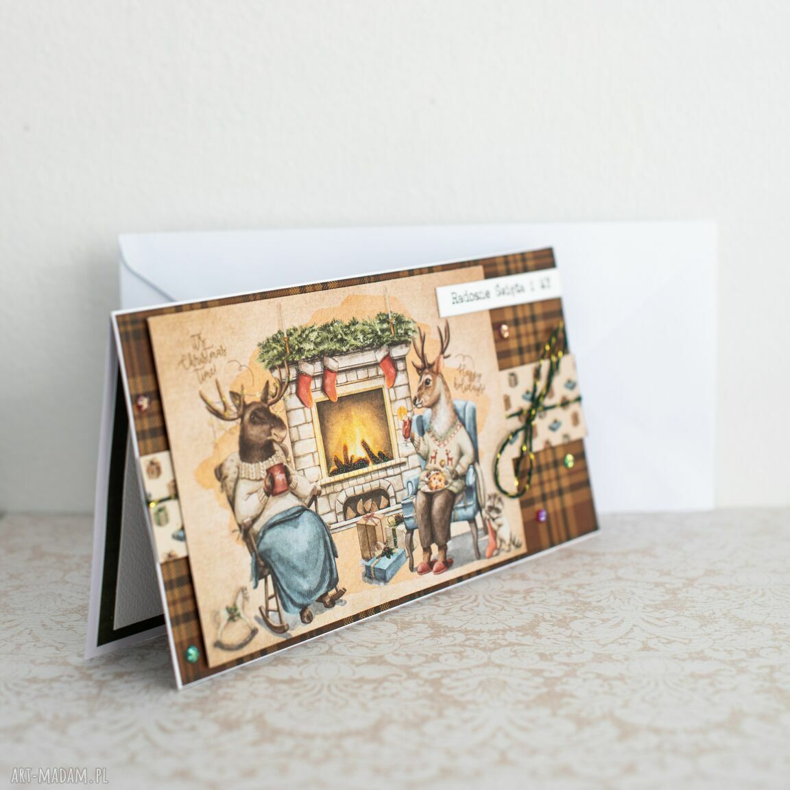 Kartka świąteczna „Radosne święta i My” - ręcznie robiony scrapbooking z jelonkiem i kopertą
