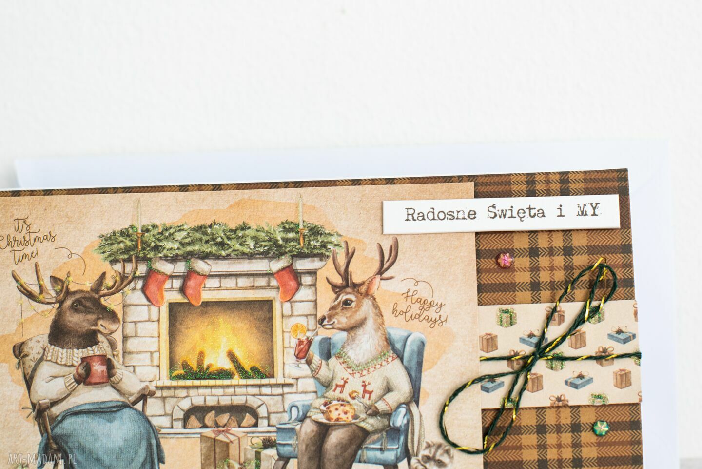 Kartka świąteczna „Radosne święta i My” - ręcznie robiony scrapbooking z jelonkiem i kopertą