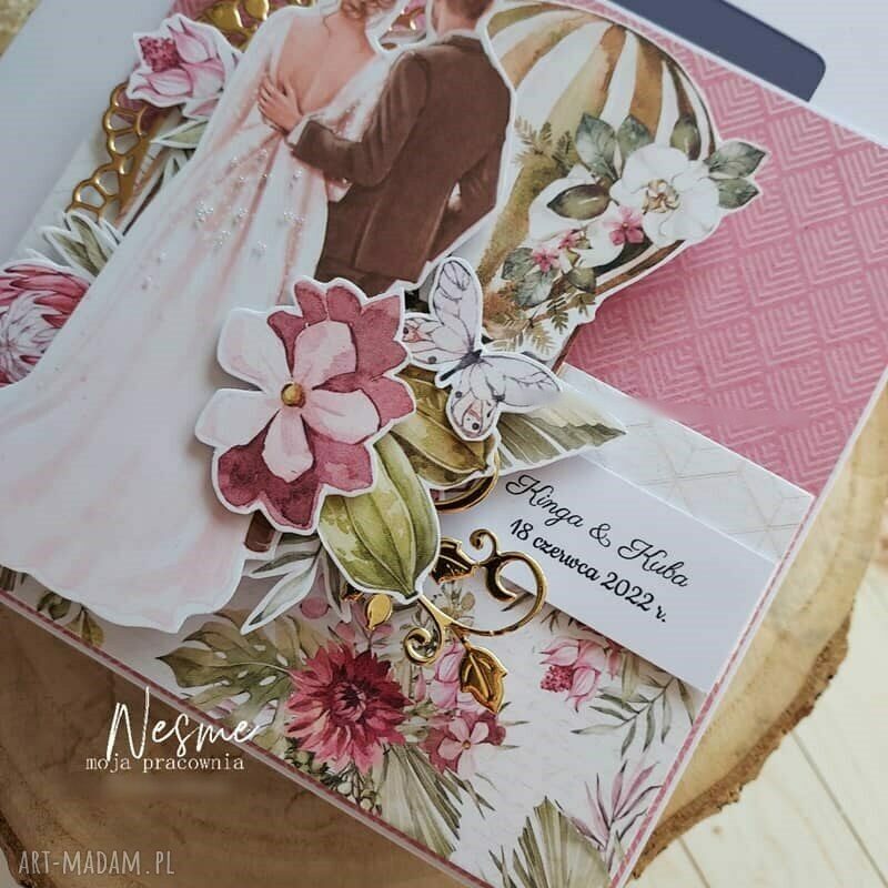 Kartka ślubna w różu i złocie - ręcznie robiona kartka scrapbooking z Parą Młodą