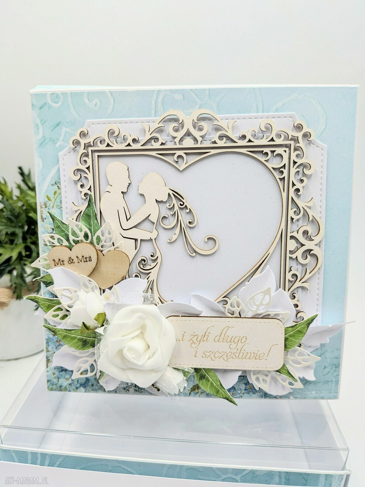 Ręcznie robiona kartka ślubna pop-up 15x15 cm w pudełku