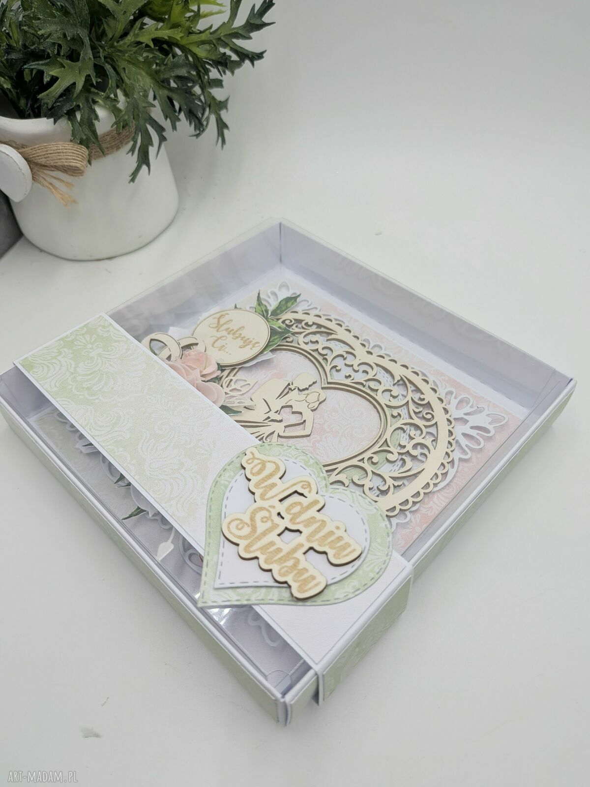 Kartka ślubna w pudełku - ręcznie robiona 14x14