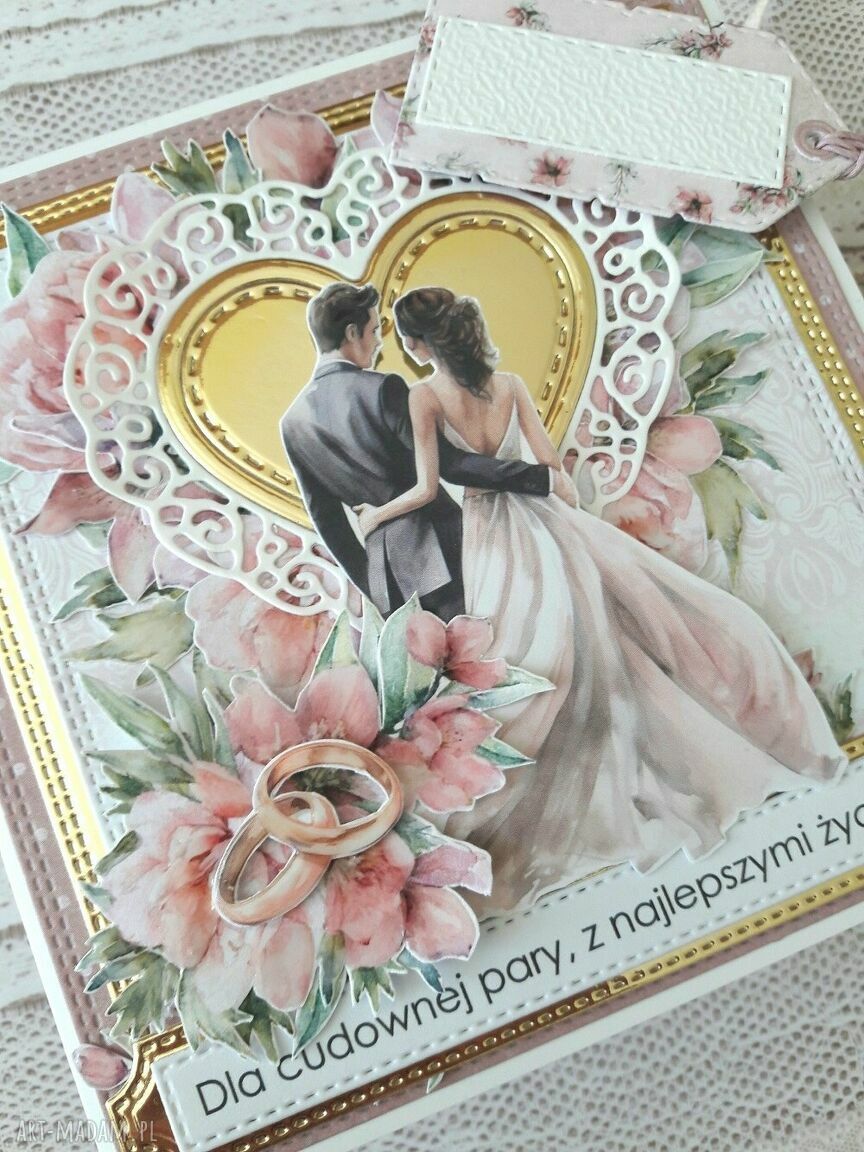 Kartka ślubna ręcznie robiona w różu i złocie - scrapbooking 3D z kieszonką