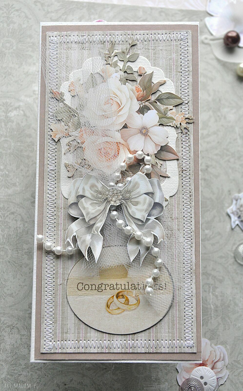 Kartka ślubna scrapbooking w pastelach - miejsce na prezent pieniężny