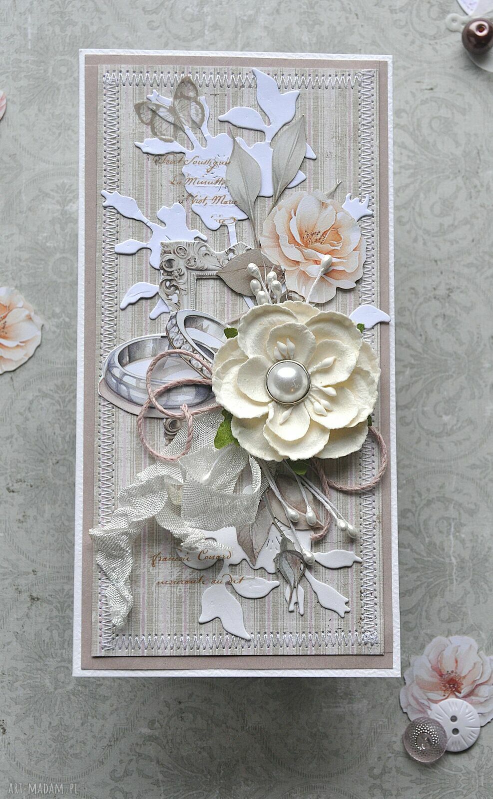Kartka ślubna scrapbooking dla nowożeńców - gratulacje z miejscem na prezent pieniężny