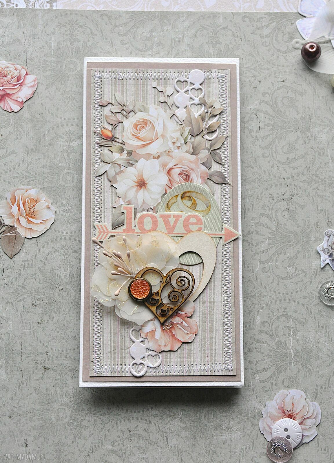 Kartka ślubna w stylu scrapbooking - beżowo-różowa pamiątka 8x17 cm