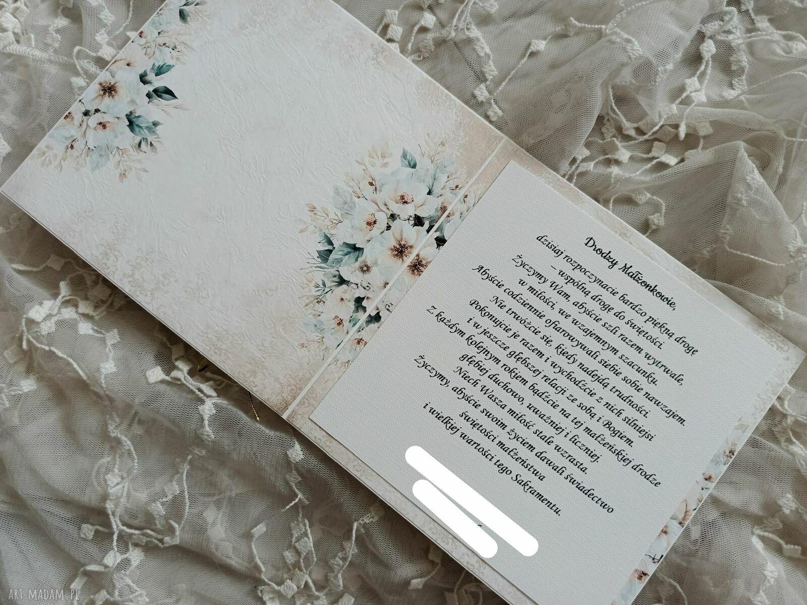 Ręcznie robiona kartka ślubna Beż i Zieleń 14x14 cm - scrapbooking