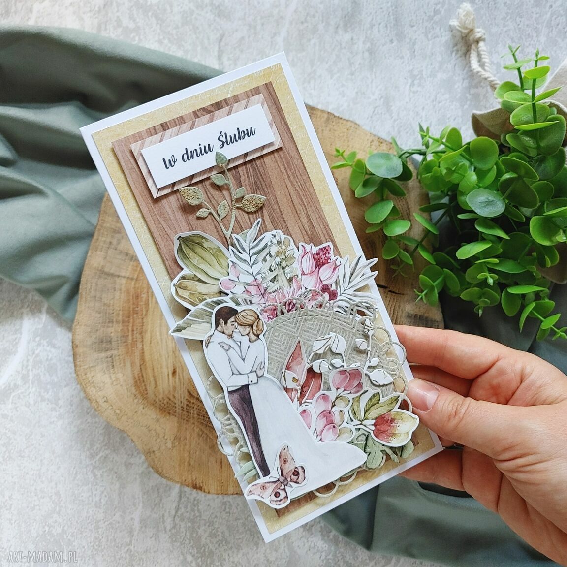 Kartka ślubna 03 - ręcznie robiona scrapbooking (DL 10x21 cm), beż, brąz i biel