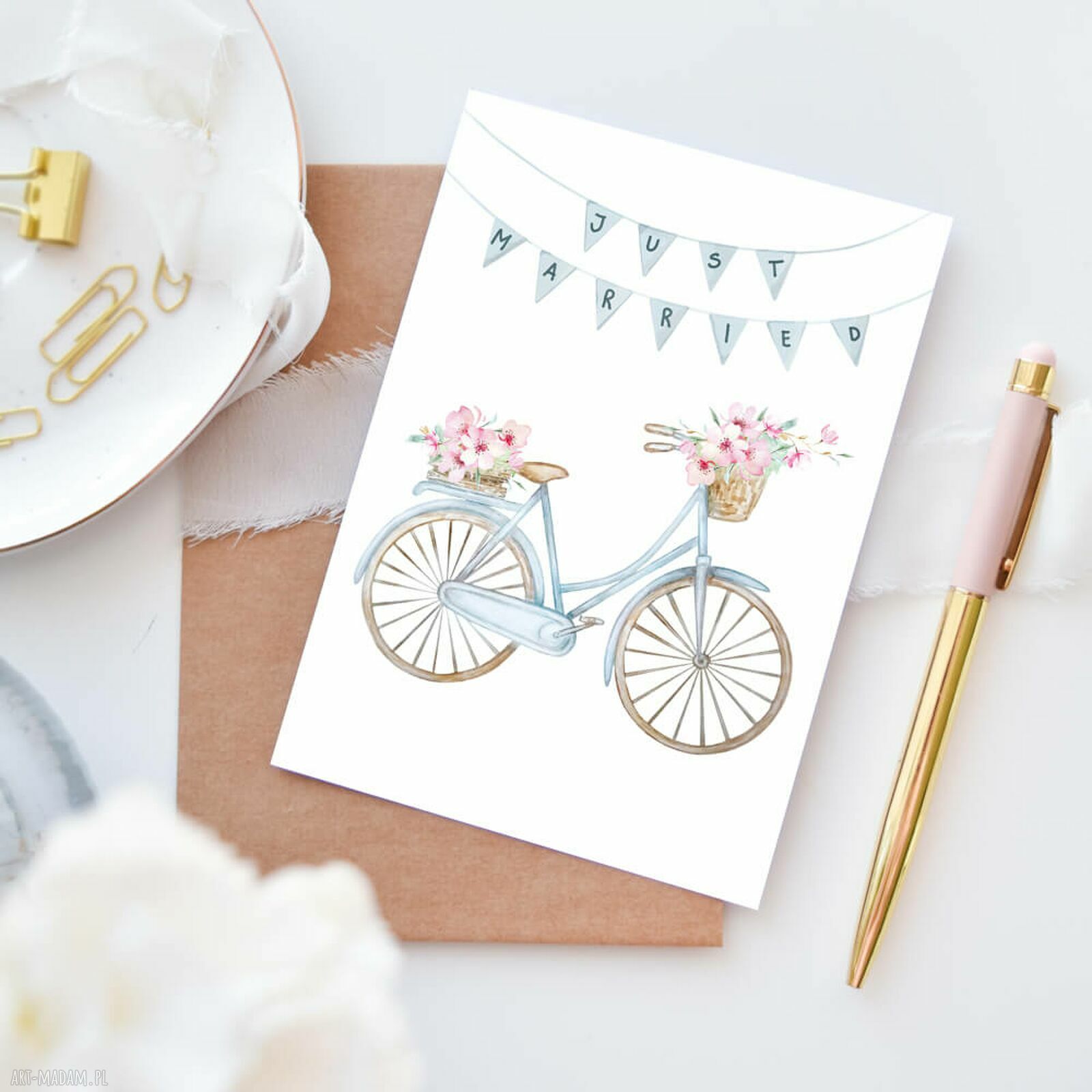 Kartka ślubna z rowerem „Just Married”