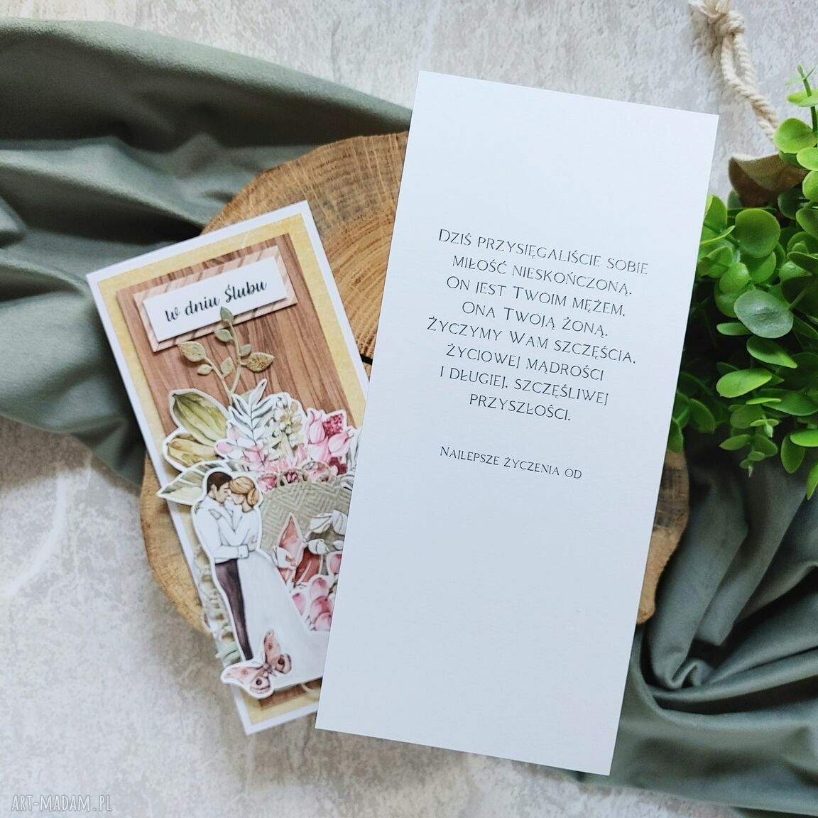 Kartka ślubna 03 - ręcznie robiona scrapbooking (DL 10x21 cm), beż, brąz i biel