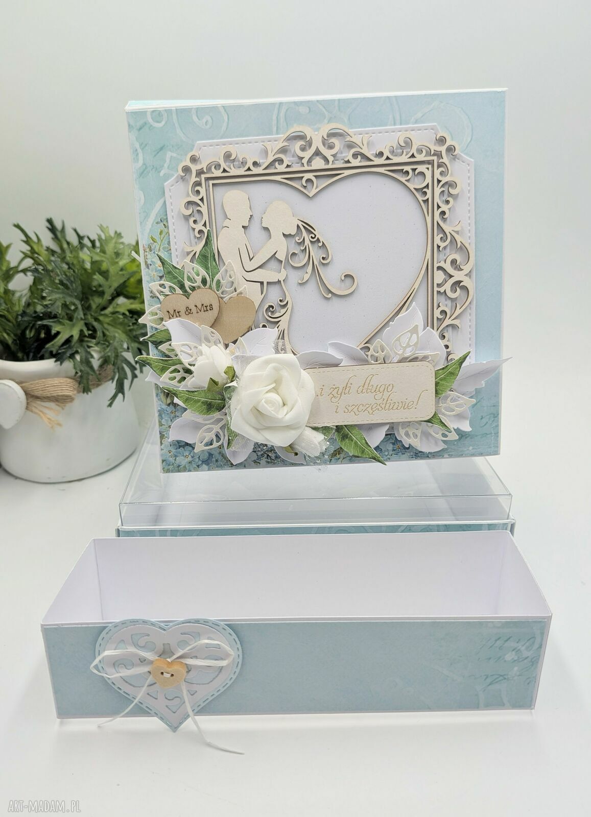 Ręcznie robiona kartka ślubna pop-up 15x15 cm w pudełku