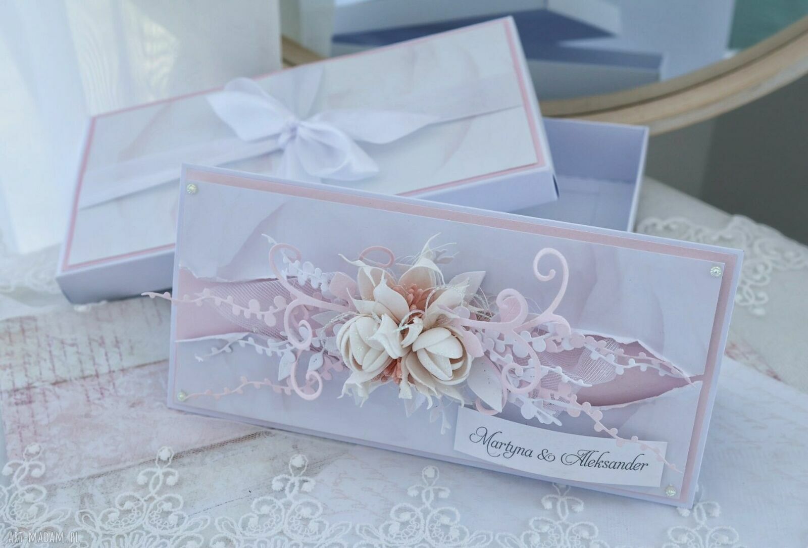 Kartka ślubna w pudrowym różu personalizowana