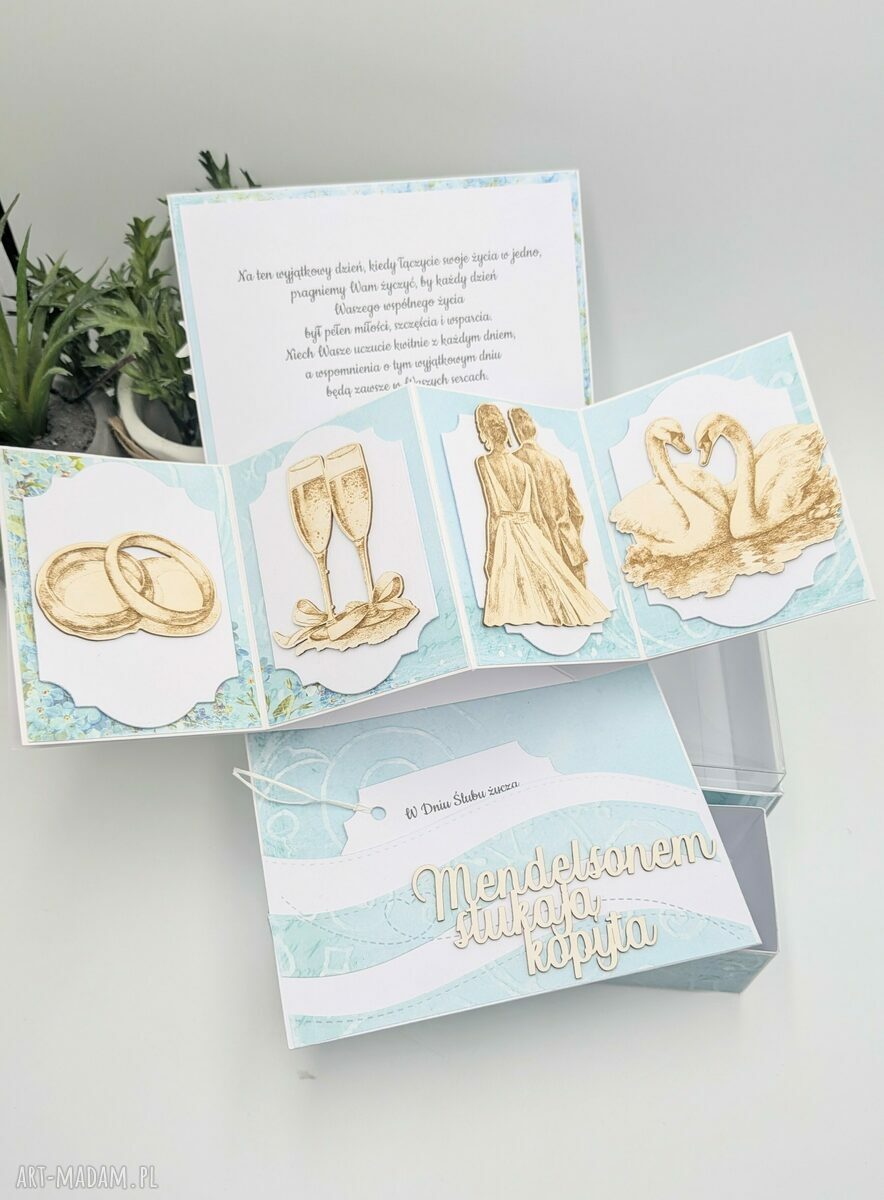 Ręcznie robiona kartka ślubna pop-up 15x15 cm w pudełku