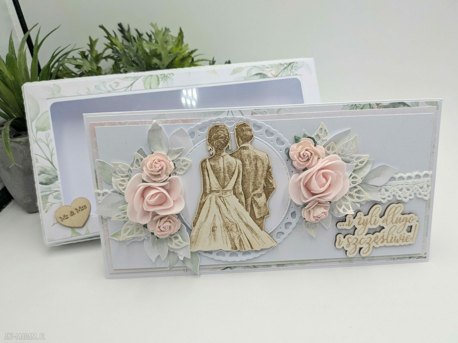 Kartka ślubna DL w pudełku Mr & Mrs - ręcznie robiona, pozioma
