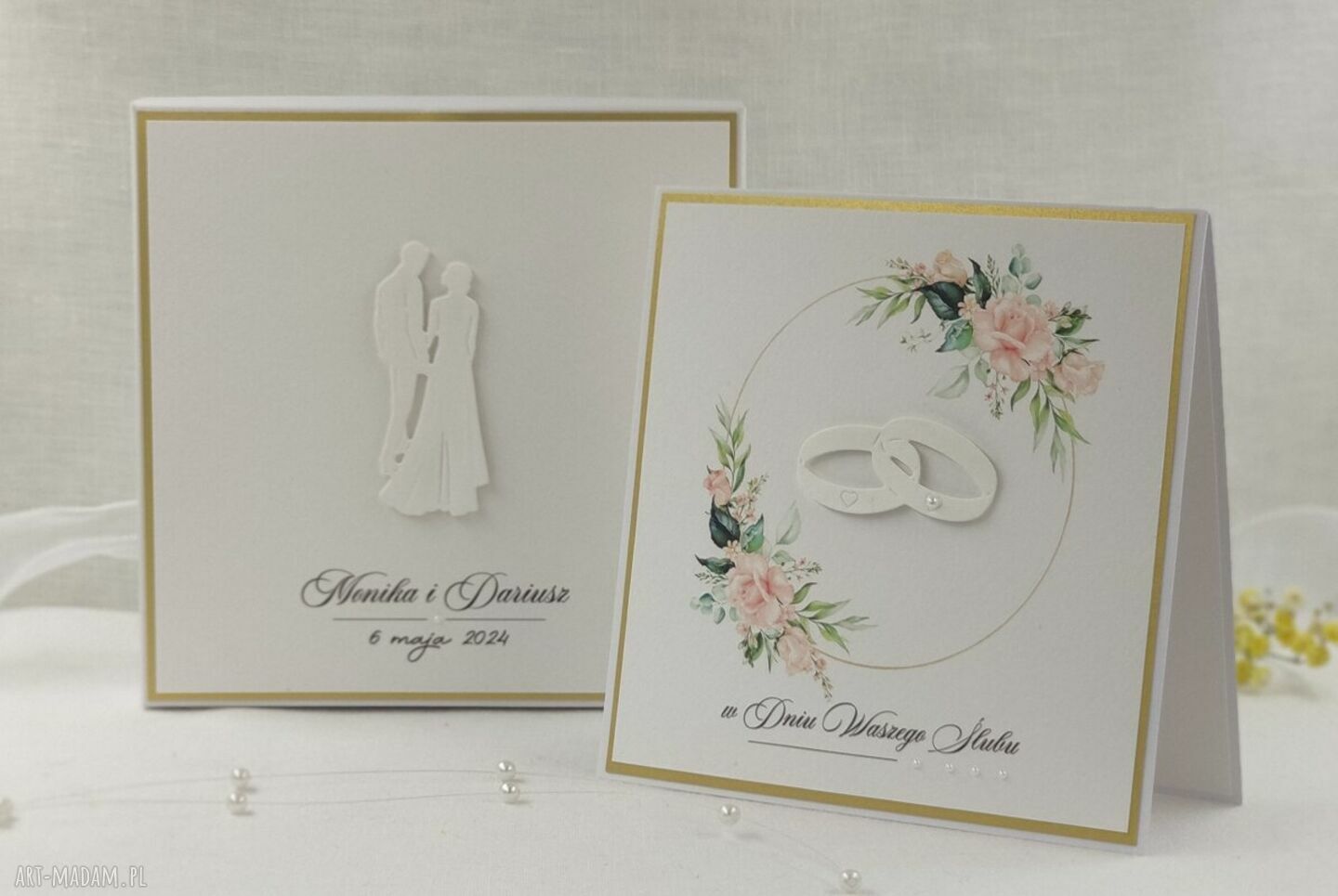 Personalizowana kartka ślubna w pudełku z kopertą W 89 - biel i matowe złoto