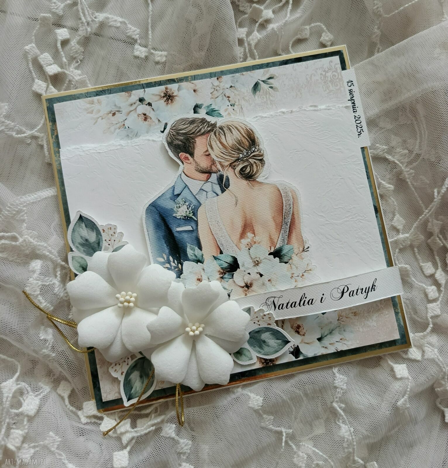 Ręcznie robiona kartka ślubna Beż i Zieleń 14x14 cm - scrapbooking