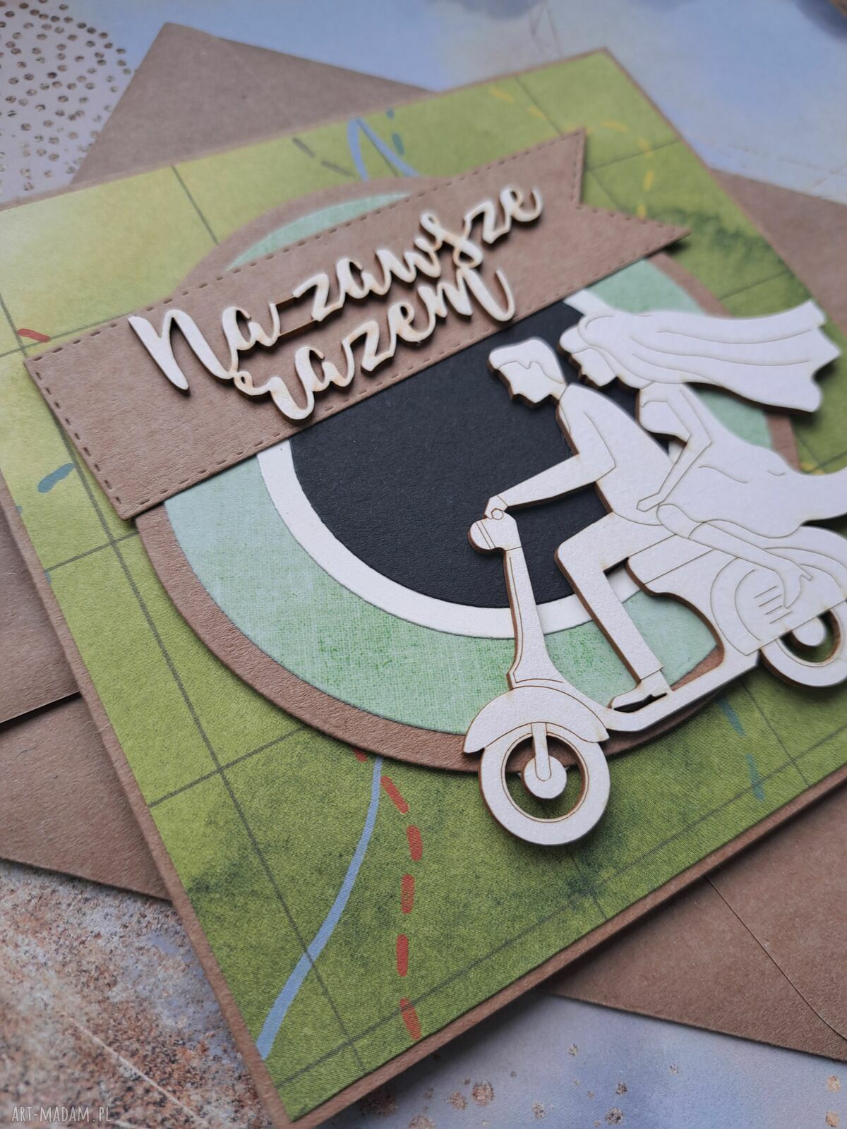 Kartka ślubna dla motocyklistów z parą młodą na skuterze - Na zawsze razem