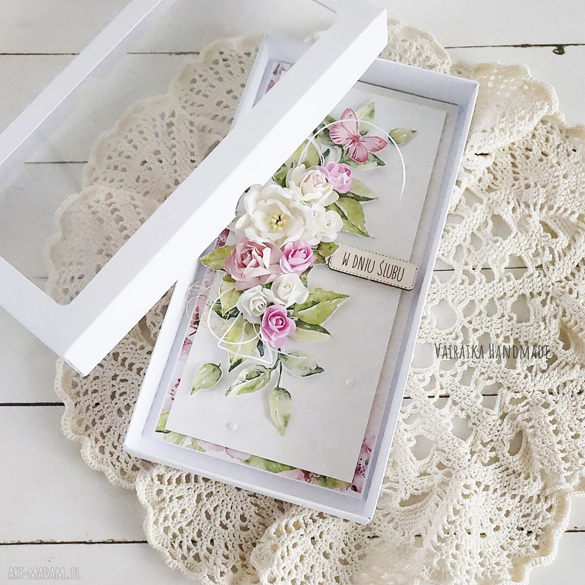 Kartka ślubna w pudełku elegancki prezent ze scrapbookingu