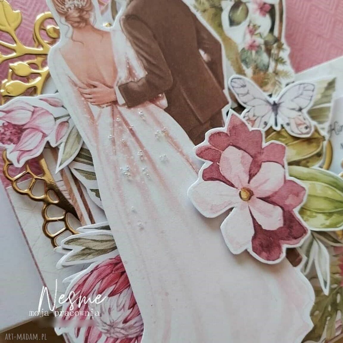 Kartka ślubna w różu i złocie - ręcznie robiona kartka scrapbooking z Parą Młodą