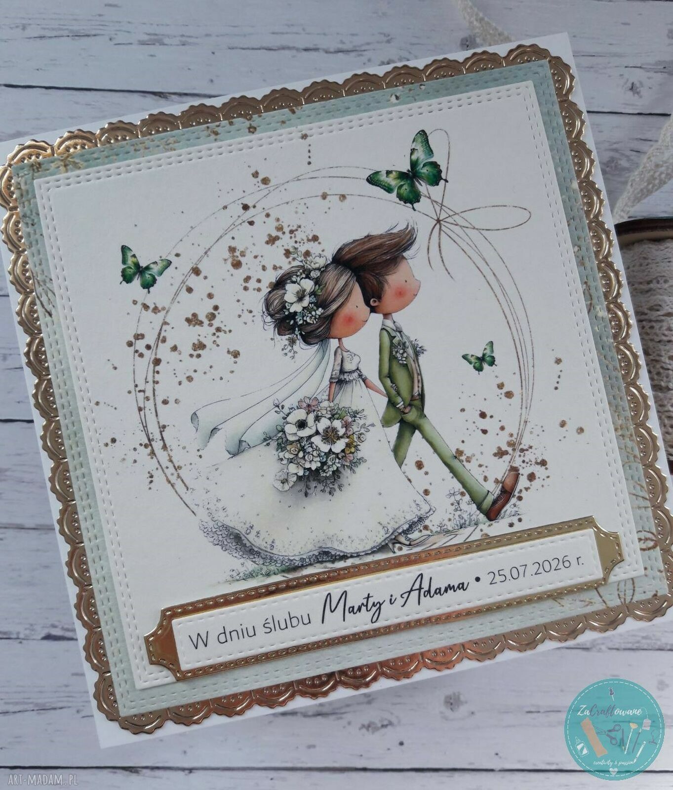 Personalizowana kartka ślubna z idącą parą młodą