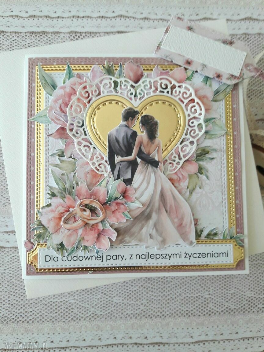 Kartka ślubna ręcznie robiona w różu i złocie - scrapbooking 3D z kieszonką