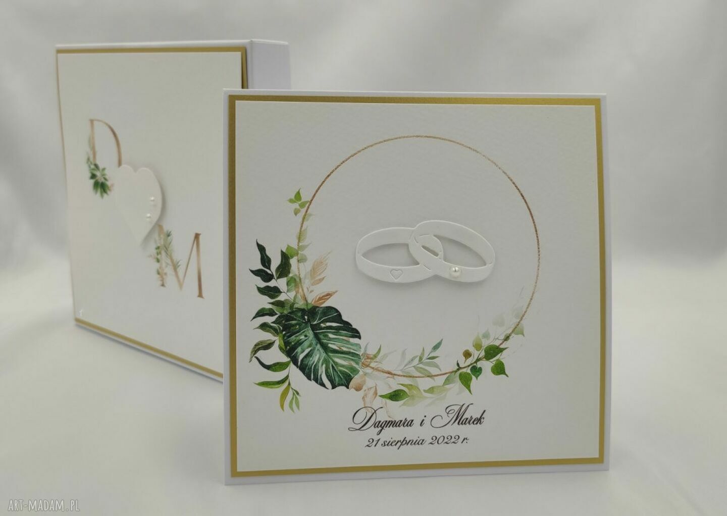 Personalizowana kartka ślubna w pudełku z inicjałami - białe i perłowe złoto (14x14 cm)