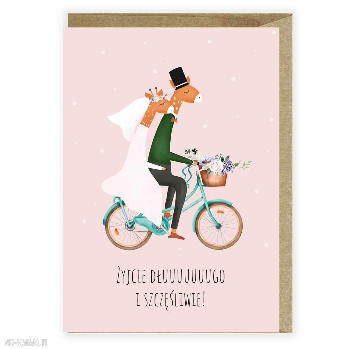 Kartka ślubna z żyrafami na rowerze