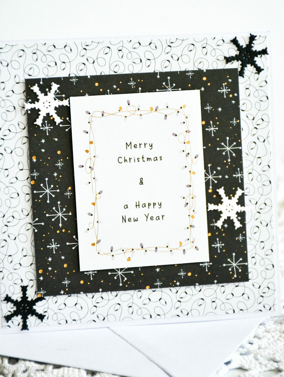 Kartka świąteczna Merry Christmas & Happy New Year z gwiazdką - biel i błysk złota oraz srebra