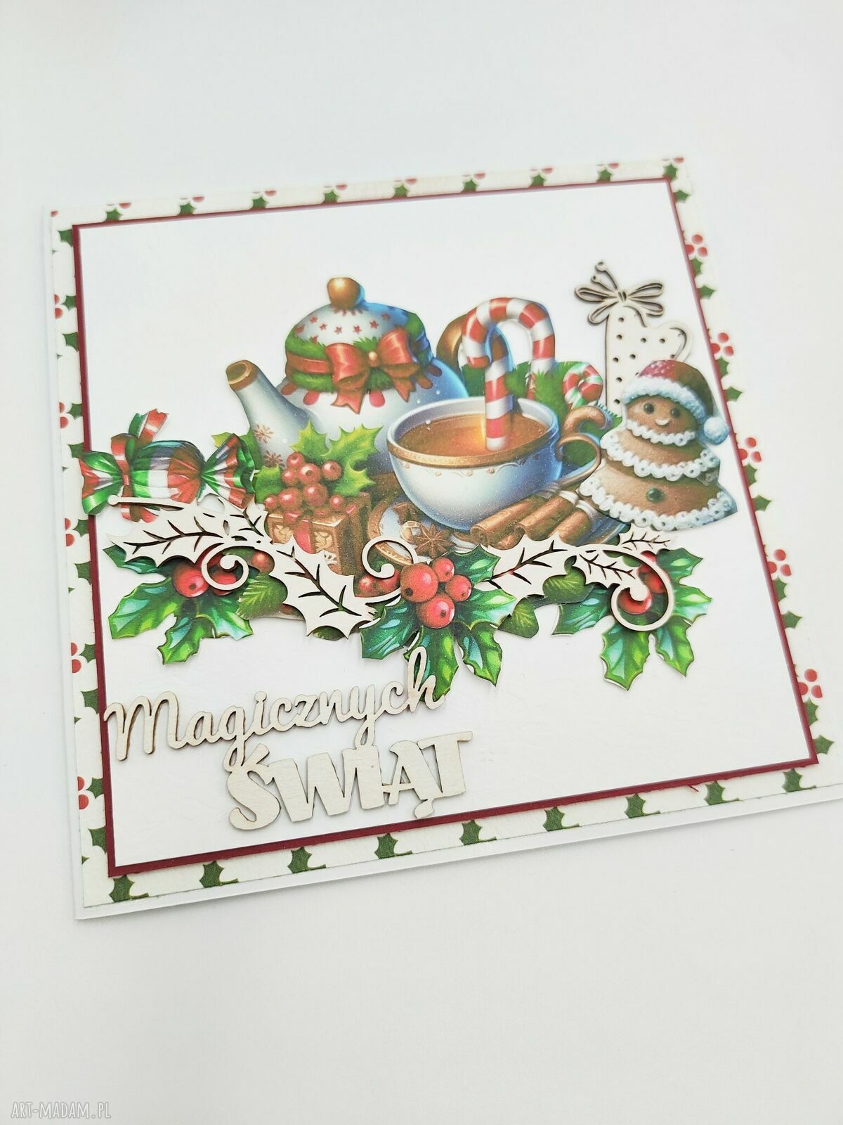 Kartka świąteczna handmade „Magicznych Świąt” - pierniczki, zimowa herbata i koperta