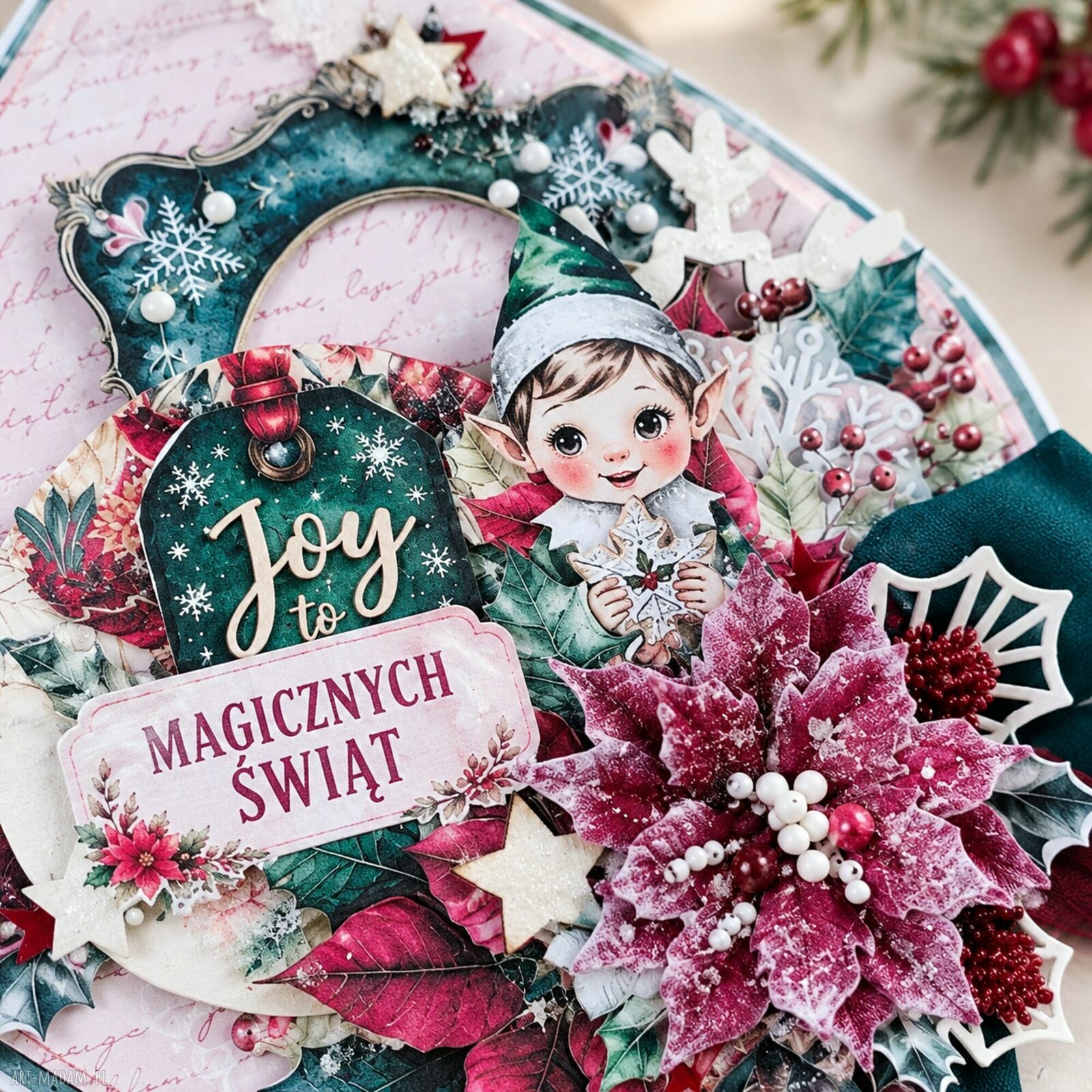 Kartka świąteczna Magicznych Świąt z koronką i kwiatkami