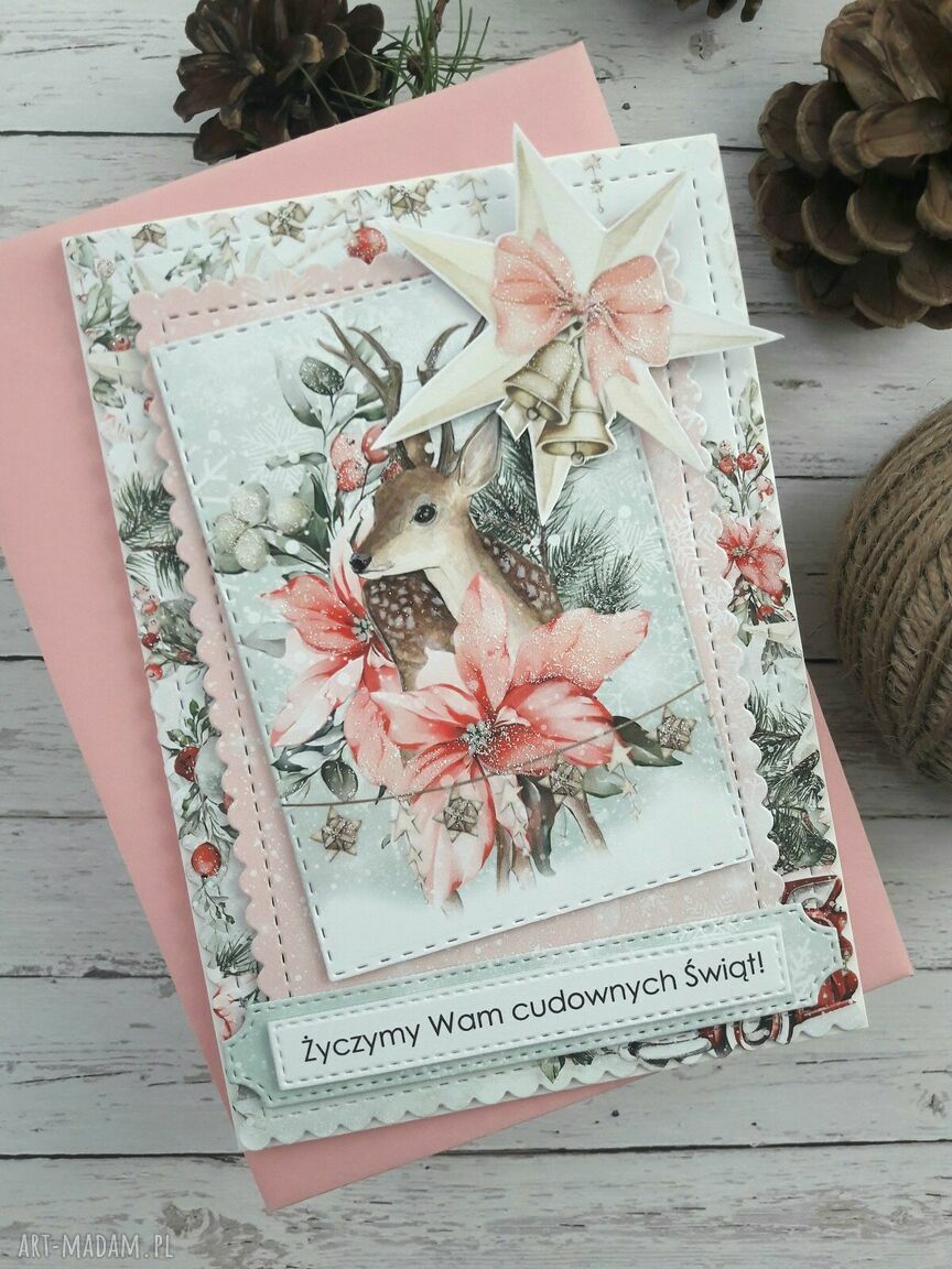 Kartka świąteczna Boże Narodzenie w różu z jelonkiem - ręcznie robiona scrapbooking