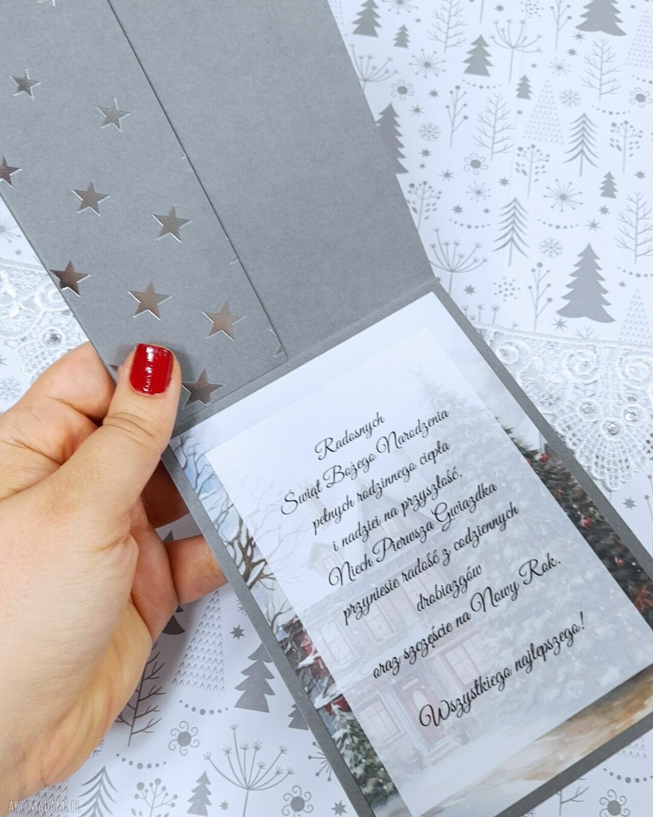 Kartka świąteczna z kieszonką na prezent - szaro-srebrna w gwiazdki (handmade)