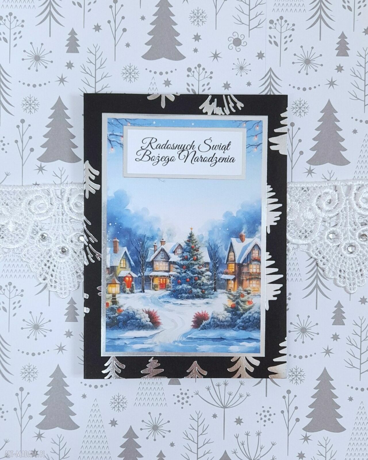 Czarno-srebrna kartka świąteczna z kieszonką i zimową scenką - handmade