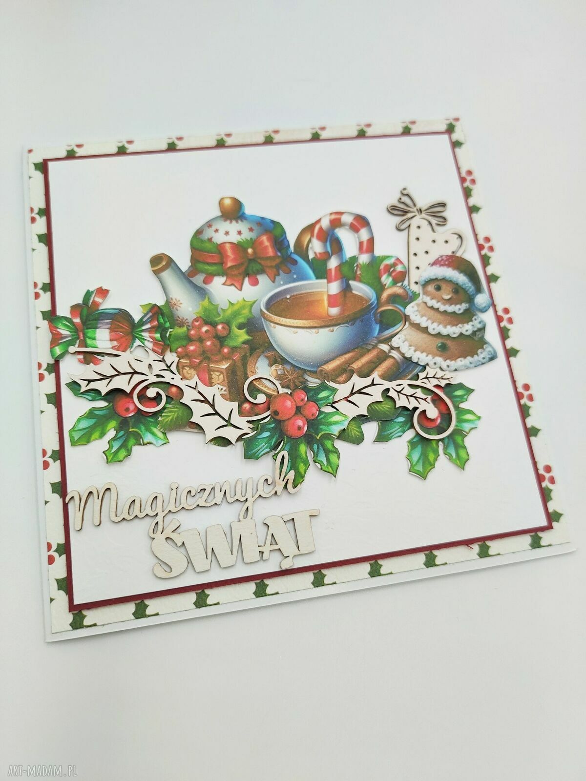 Kartka świąteczna handmade „Magicznych Świąt” - pierniczki, zimowa herbata i koperta