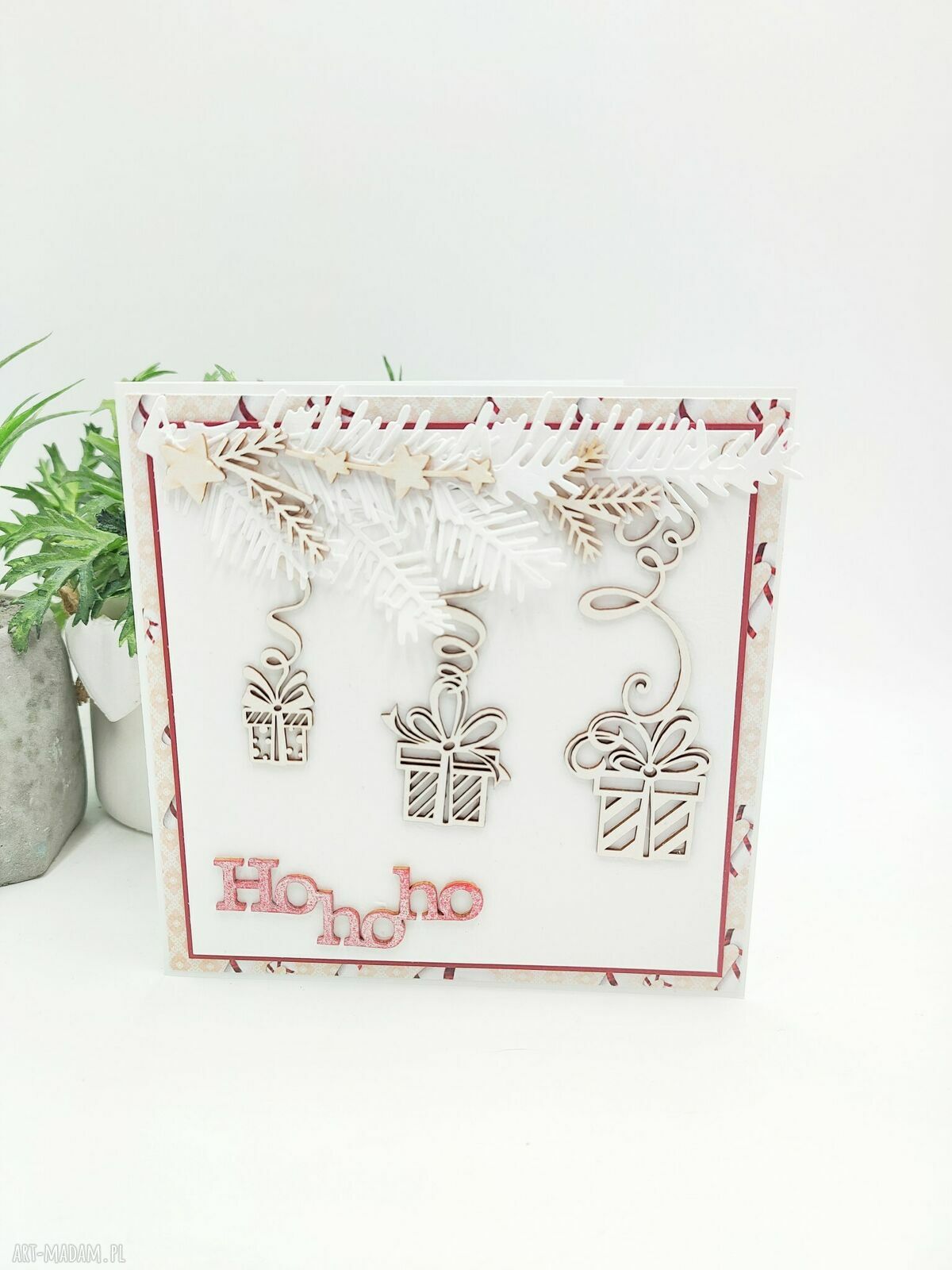 Kartka świąteczna „Ho ho ho” - handmade z prezentami i kopertą