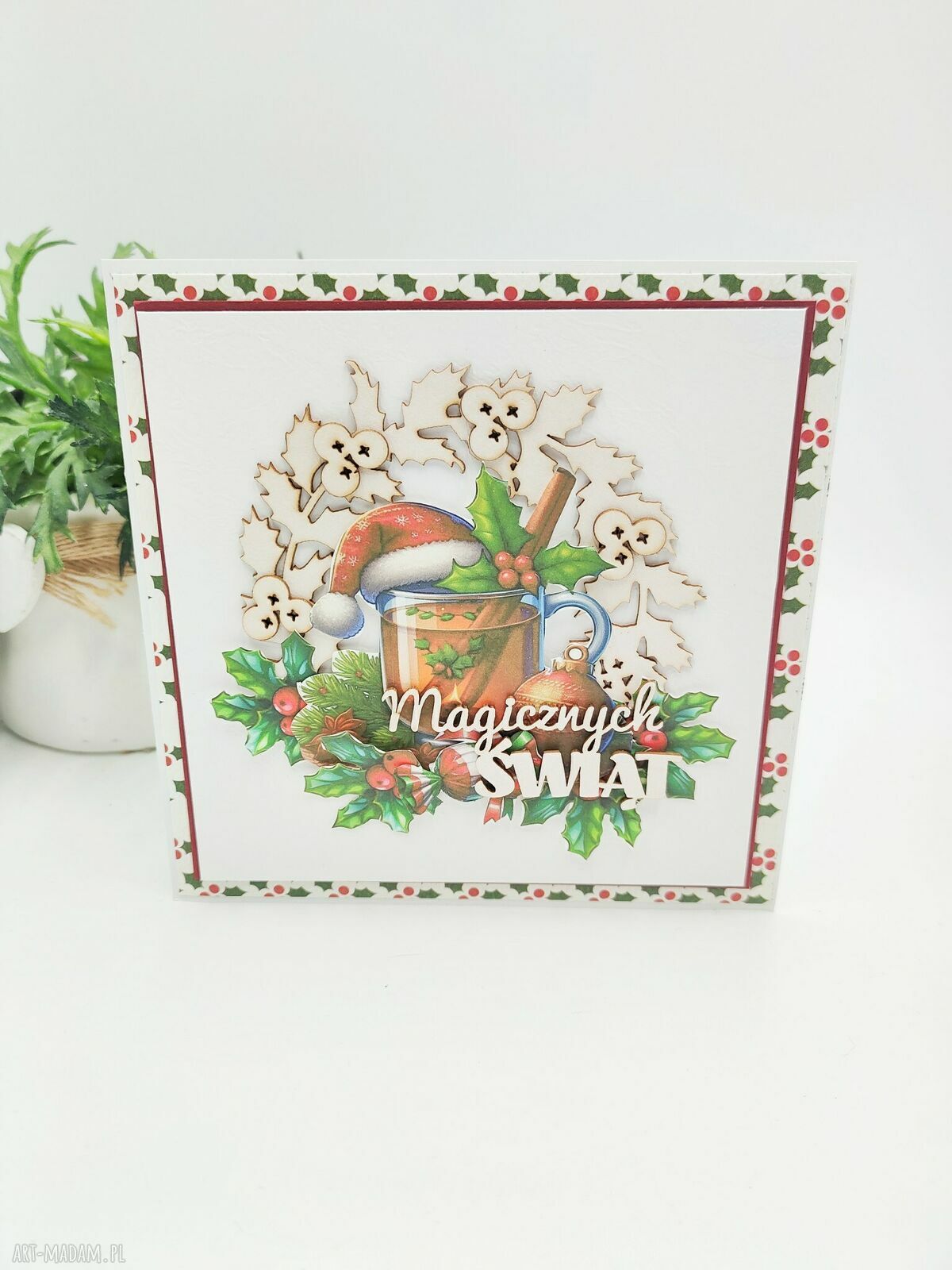 Kartka świąteczna z zimowym kubkiem i napisem „Wesołych Świąt” - handmade z kopertą