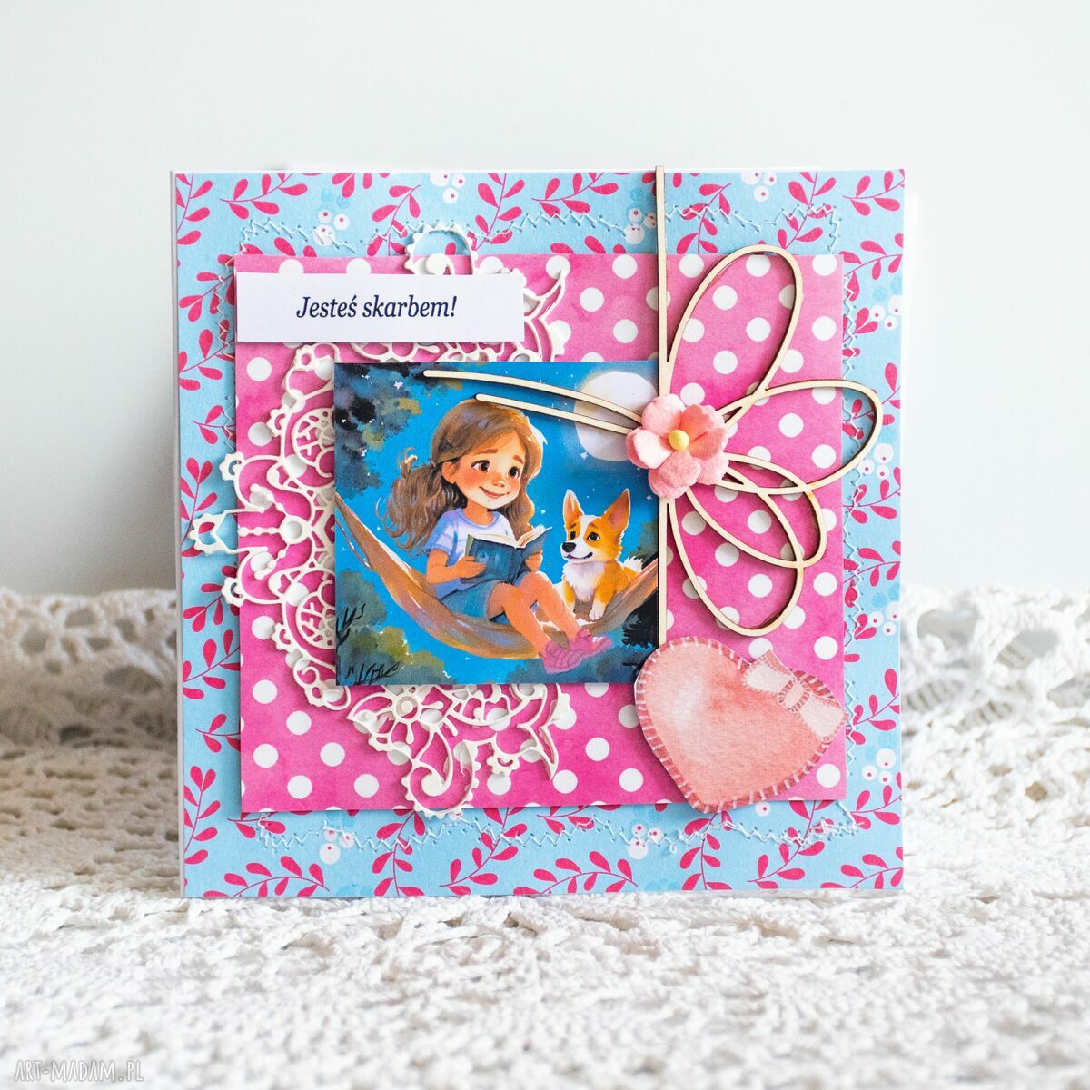 Handmade kartka scrapbooking „Jesteś Skarbem!” dla dziewczynki - pies, brokat i koperta