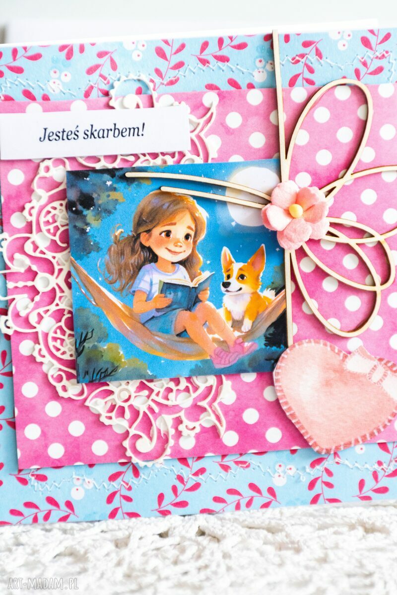Handmade kartka scrapbooking „Jesteś Skarbem!” dla dziewczynki - pies, brokat i koperta