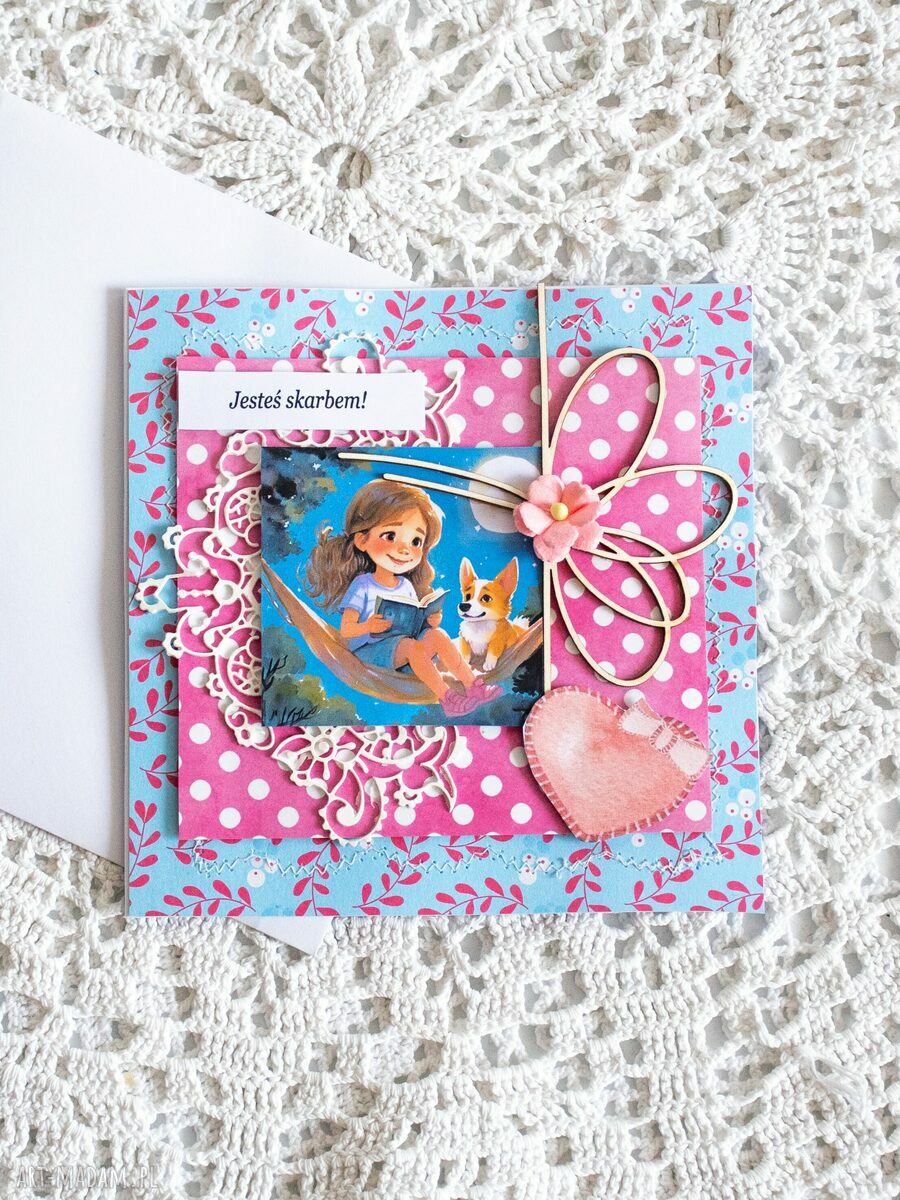 Handmade kartka scrapbooking „Jesteś Skarbem!” dla dziewczynki - pies, brokat i koperta