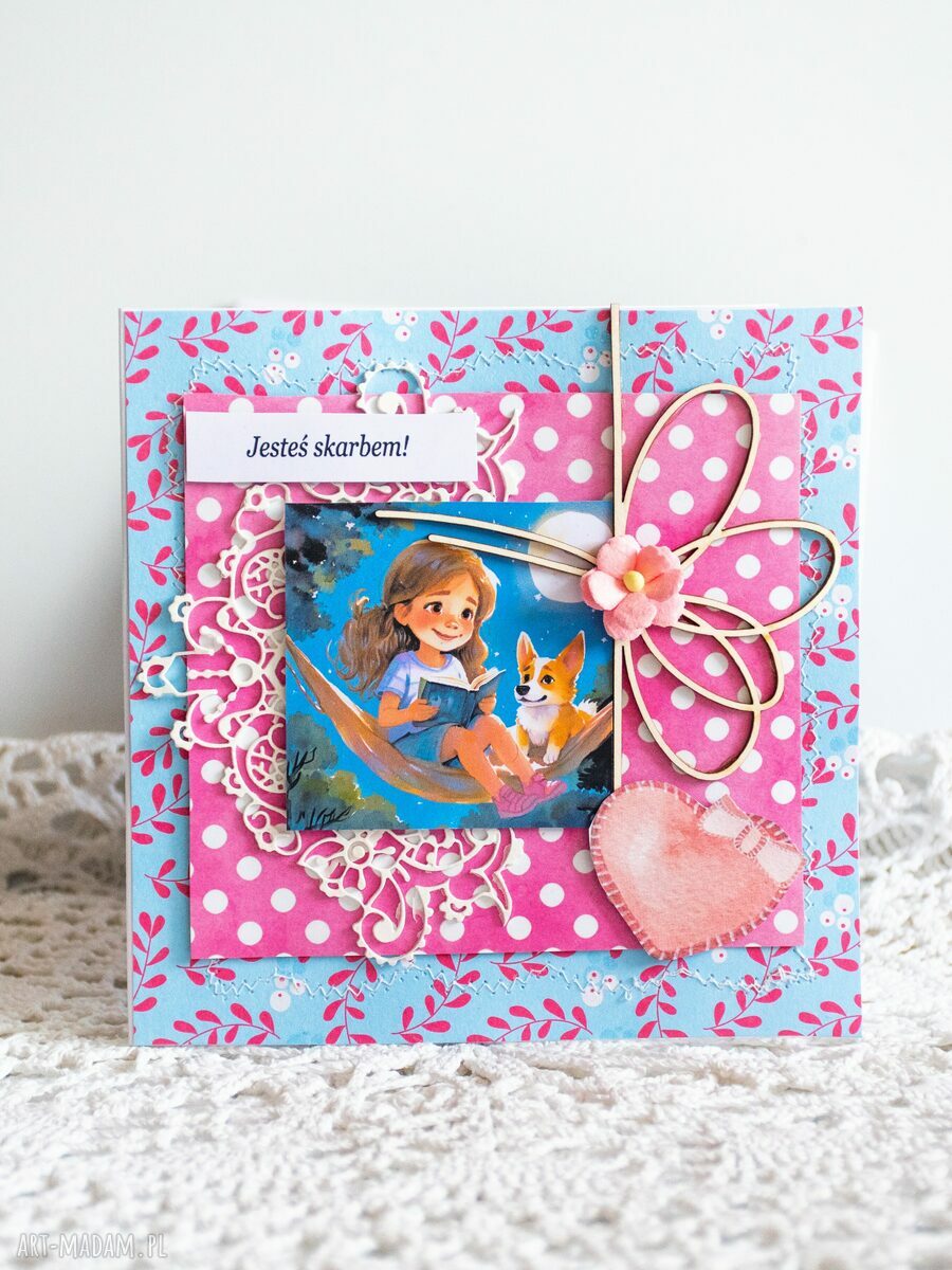 Handmade kartka scrapbooking „Jesteś Skarbem!” dla dziewczynki - pies, brokat i koperta