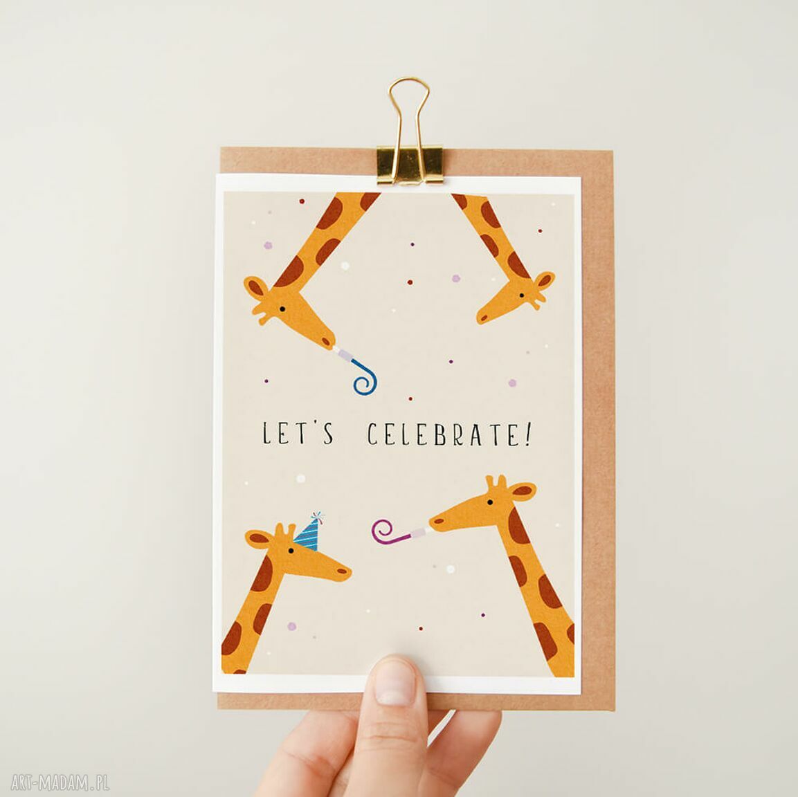 Kartka urodzinowa A6 LET'S CELEBRATE z żyrafami - miejsce na Twoje życzenia
