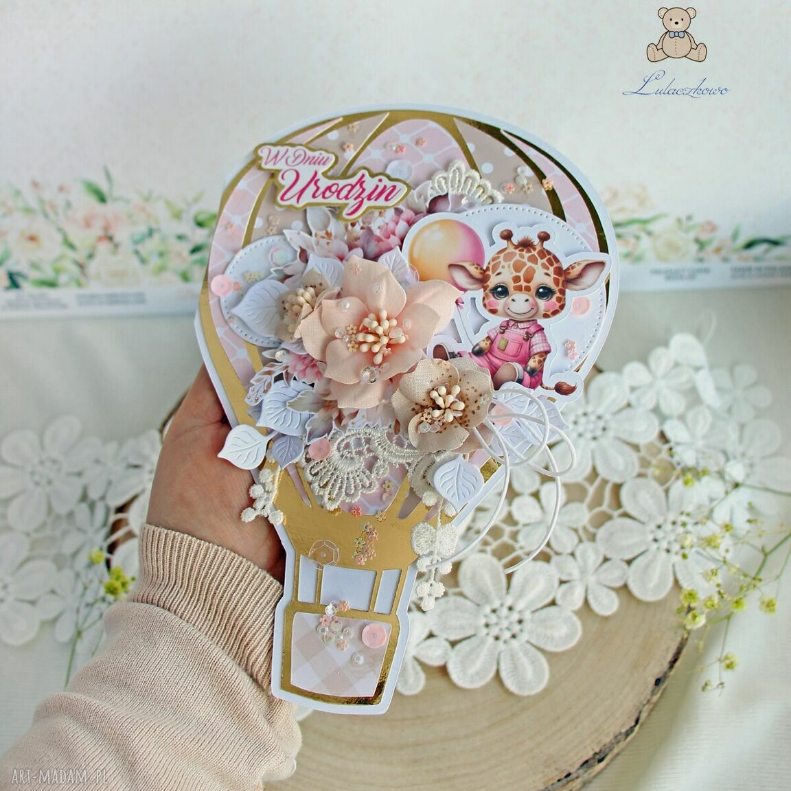 Urodzinowa kartka balonik Sweet Giraffe z żyrafką - ręcznie robiona