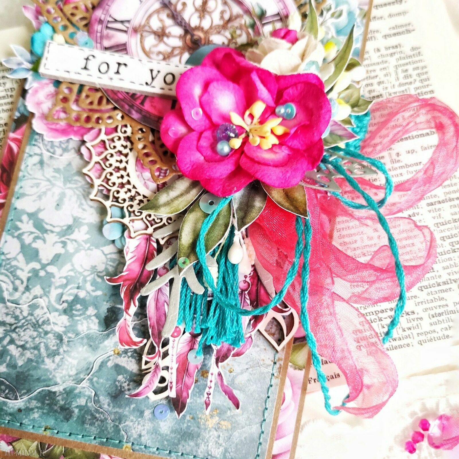 Kartka urodzinowa Boho dla niej - ręcznie robiona z koronką i kwiatkami