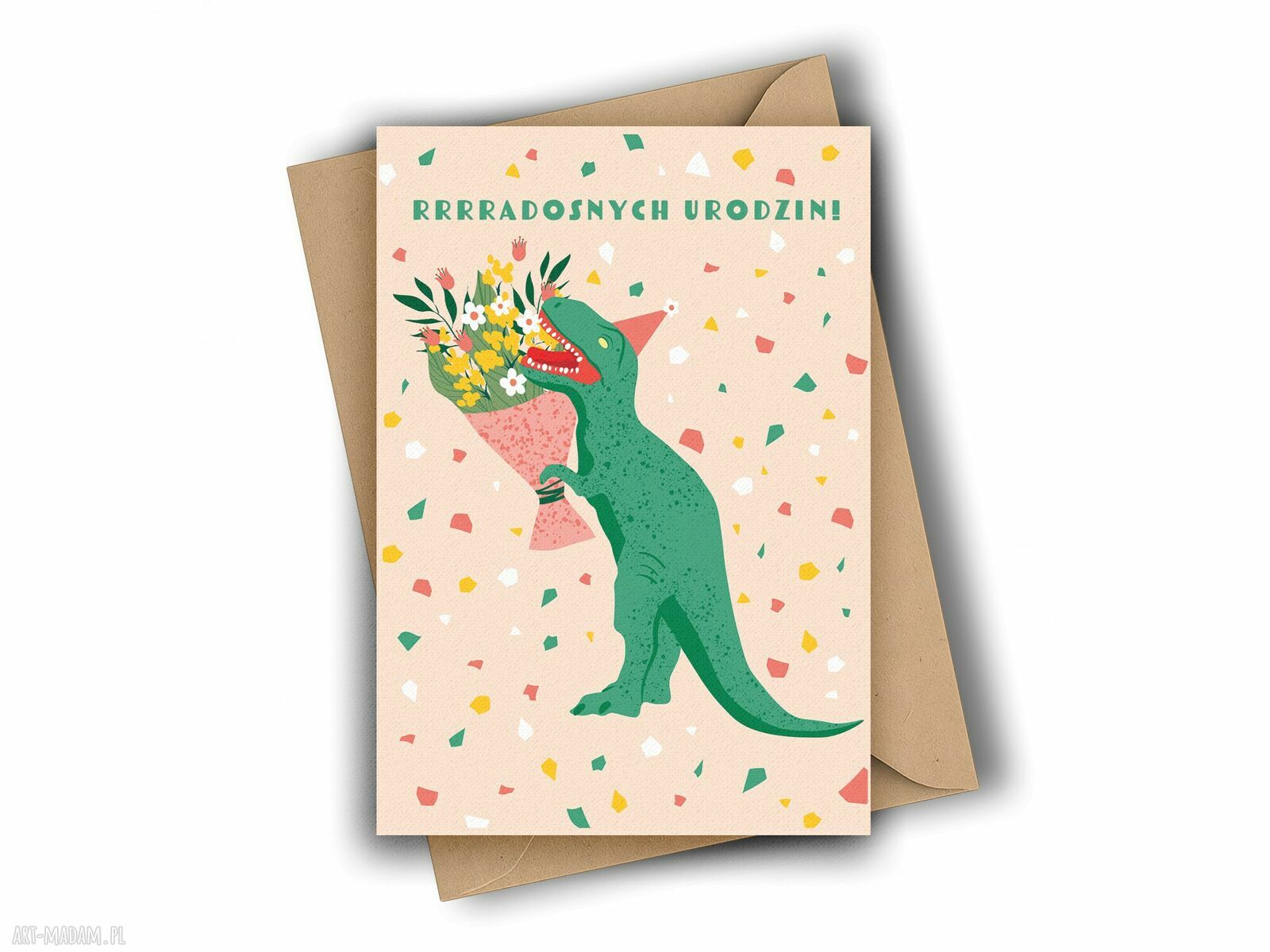 Kartka urodzinowa z dinozaurem - Radosnych urodzin!