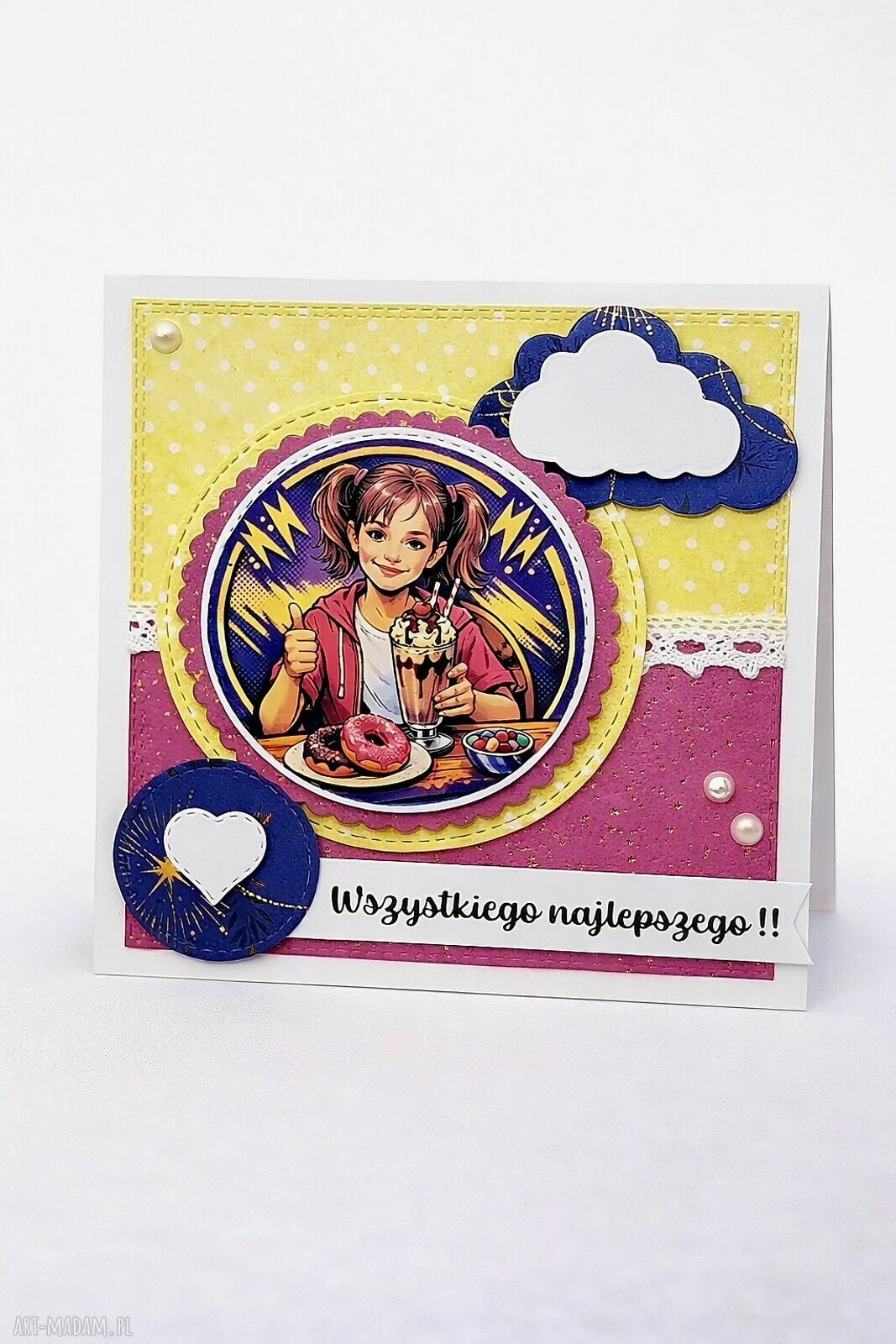 Ręcznie robiona kartka urodzinowa dla dziewczynki w stylu scrapbooking 15x15