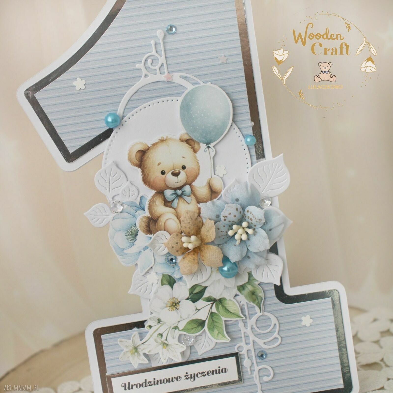 Urodzinowa kartka cyferka 1 Baby Blue 2 na roczek - gotowa do personalizacji