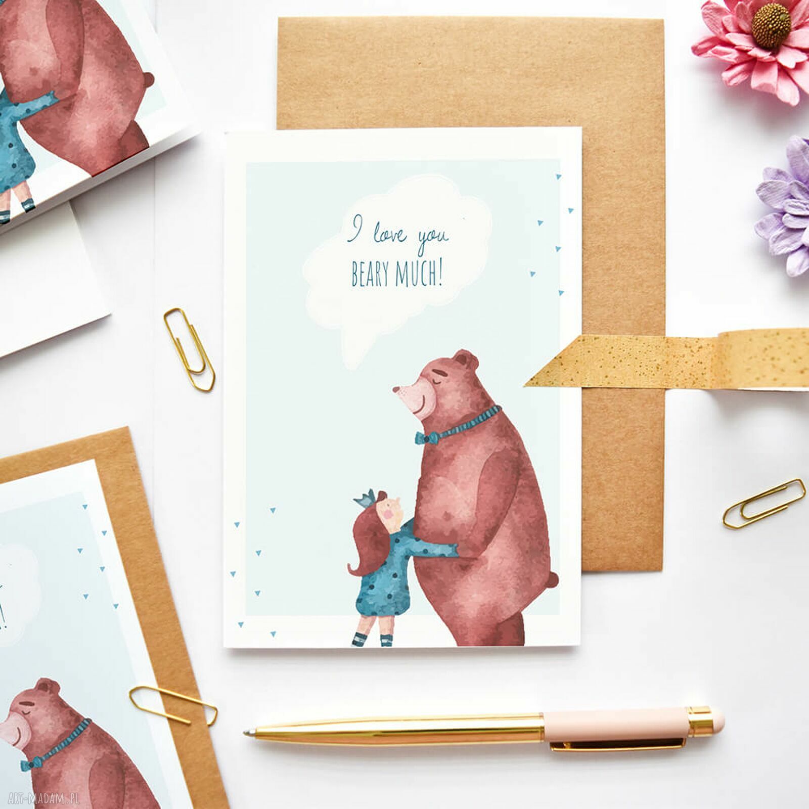 Kartka walentynkowa z misiem - romantyczny karnet miłosny A6 „Love you beary much”