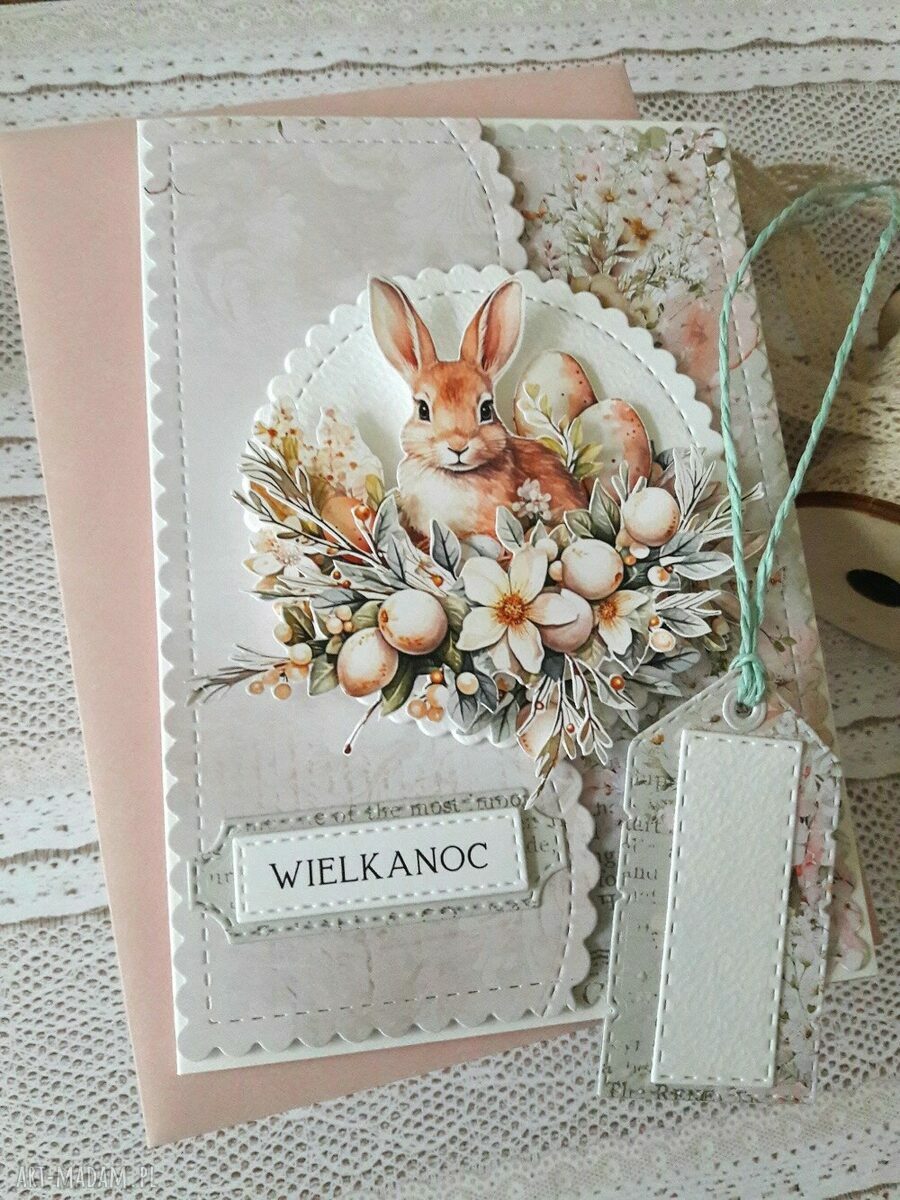 Ręcznie robiona kartka wielkanocna z zającem - efekt 3D i miejsce na życzenia